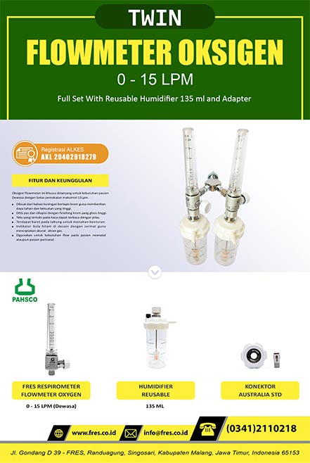 PAHSCO Twin Flowmeter Oksigen 0 -15 LPM FULL SET with Reusable Humidifier 135 ML and Adapter