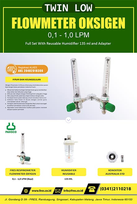 PAHSCO Twin Low Flowmeter Oksigen 0,1 -1,0 LPM FULL SET with Reusable Humidifier 135 ML and Adapter